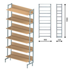 Стеллаж на металлокаркасе односторонний 1900х900х320 мм, серый каркас, 6 полок ЛДСП